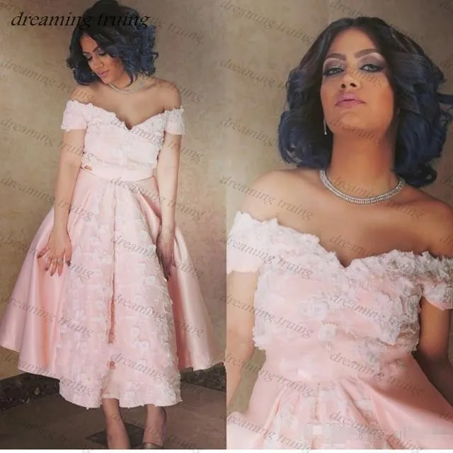 

Vintage Short Light Pink Cocktail Dresses Tea-Length With White Appliques Cap Sleeve V Neck Saudi Arabian Prom Party Gowns