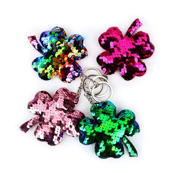 

Four Leaf Clover Key Ring Key Holder Colorful Bling Keychain Glitter Pompom Sequins Car Bag Accessories Key Chain Gift for Women