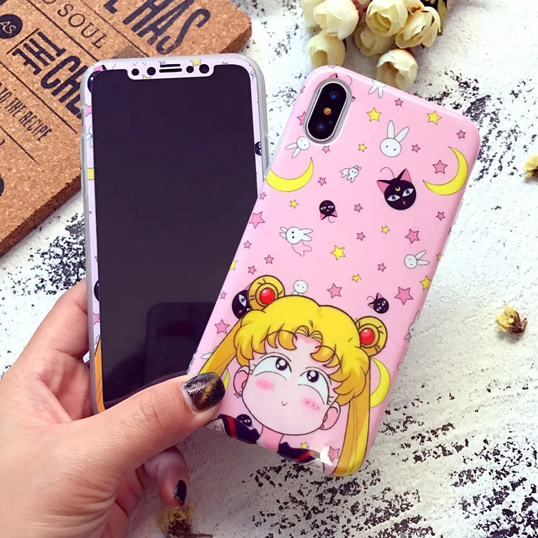 10 компл./лот для iPhone X милашка Сейлор Мун лицевая сторона розового цвета софт-краевое закаленное Стекло пленка W/глянцевая Задняя накладка чехла из ТПУ Защита кузова