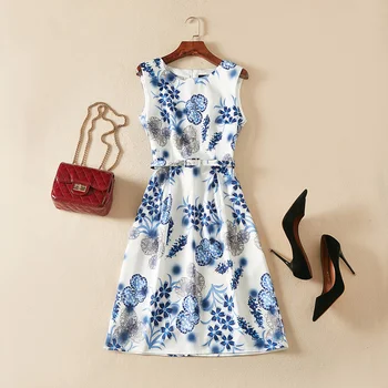 

New Flower Print Women Dress Fashion O-Neck Sleeveless A-Line Dresses With Belt D4161