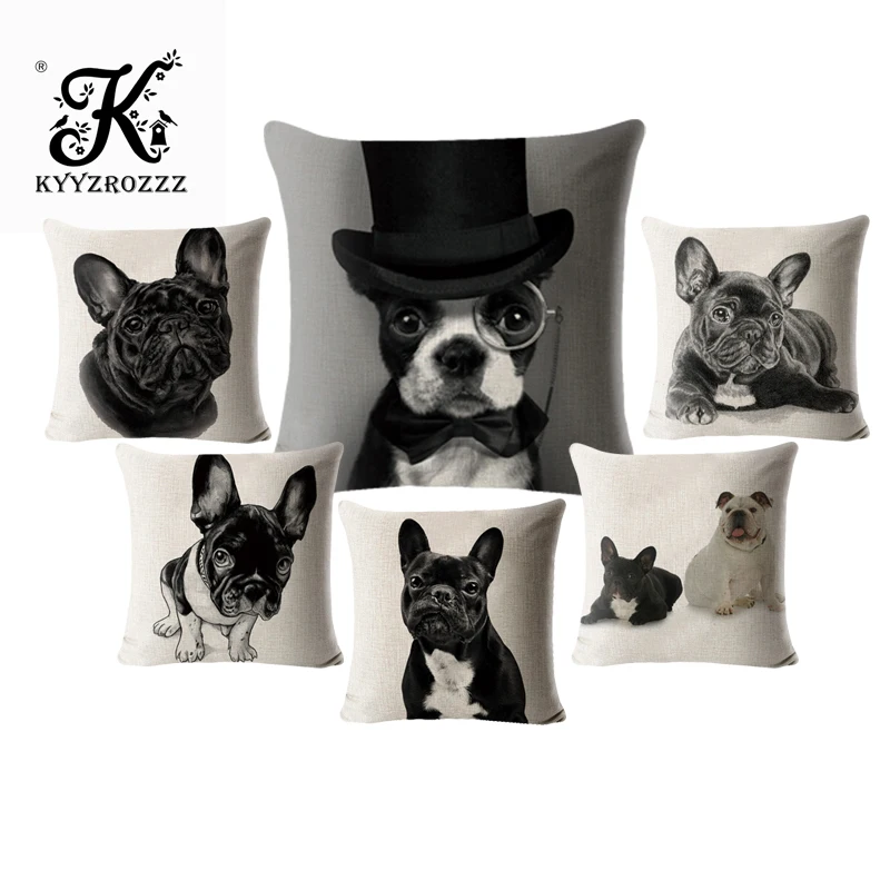 

French Bulldog Pillow Case Animals Linen Cotton 45*45 Square Dog Cushion Cover for Sofa Home Decorative Printed Throw Pillowcase