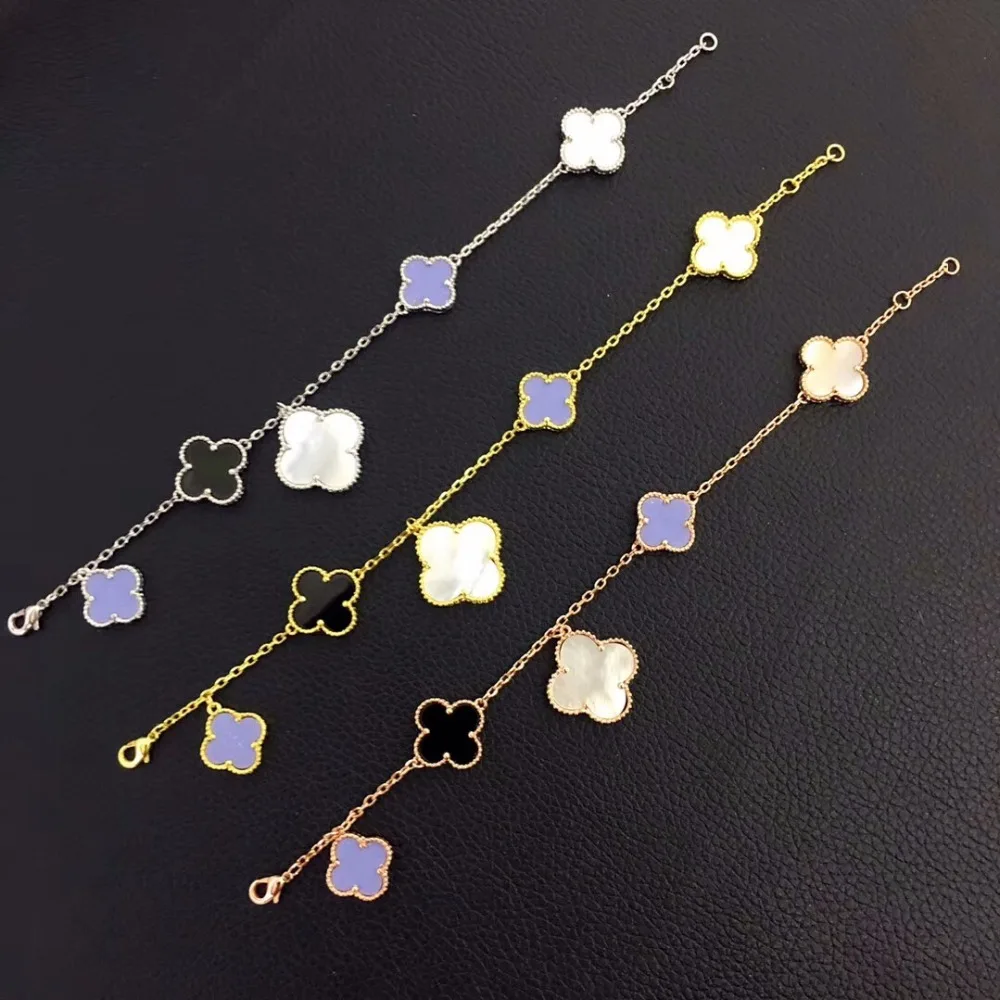 Dubai Gold Mother Shell Pearl Clover Leaf Bracelet Purple Flower
