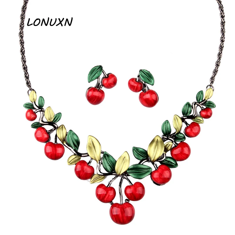 

Bridal women Jewelry red Cherry leaves flowers 2 pieces earrings + necklace bride gold jewelry sets lovers best gift wedding