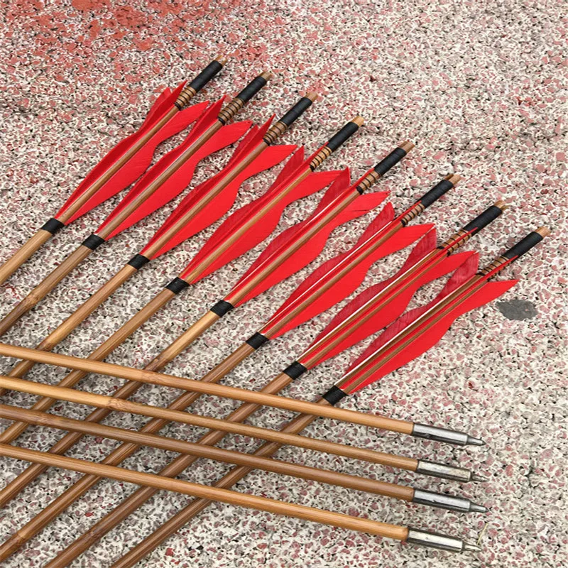 6/12/24PCS Traditional Handmade Feat Red Hunting Bamboo Arrows Bow