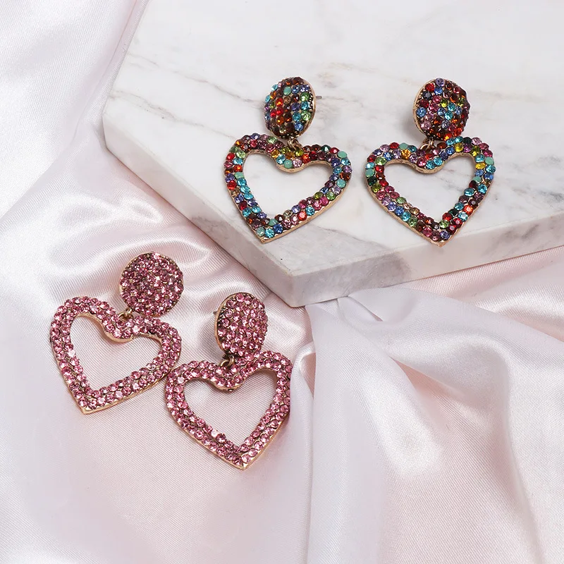 

Hollow Statement Love Heart Dangle Earrings for Women New Trendy Fashion Full Crystalline Drop Earrings Wedding Party Jewelry