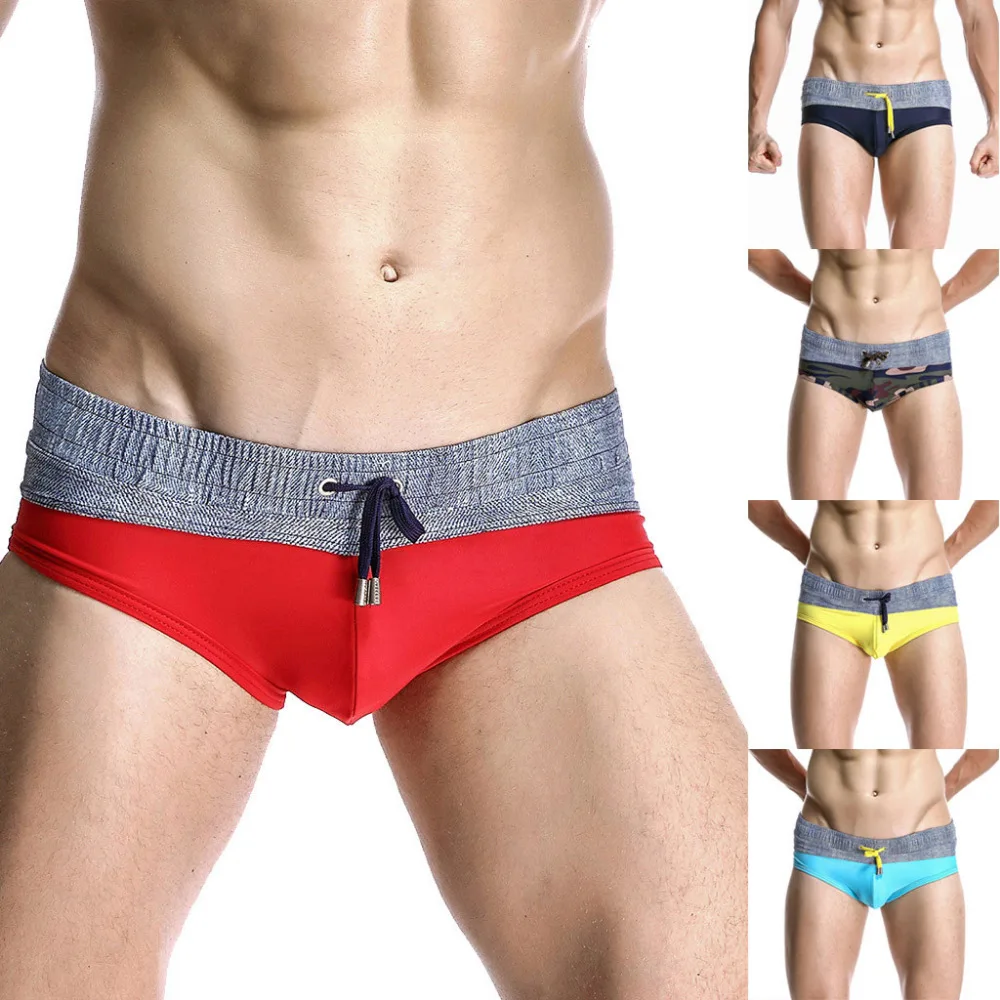 

2019 Hot Sale Men's laced low waist stitching sexy slim breathable beach surf triangle swim trunks stroje kapielowe
