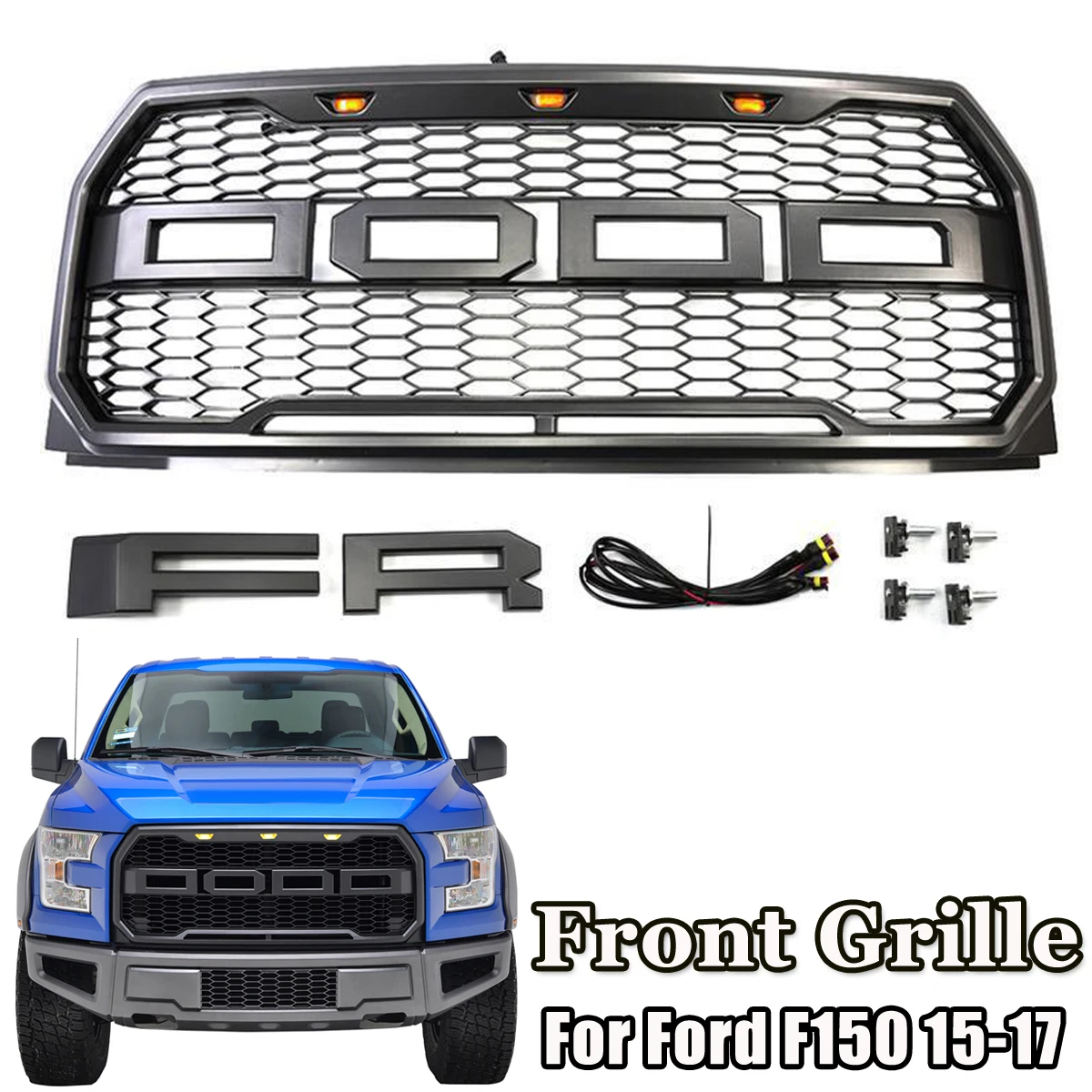 

Car Front Grille with Emblem Housing Amber Led Light Raptor Style for Ford F150 F-15 2015 2016 2017