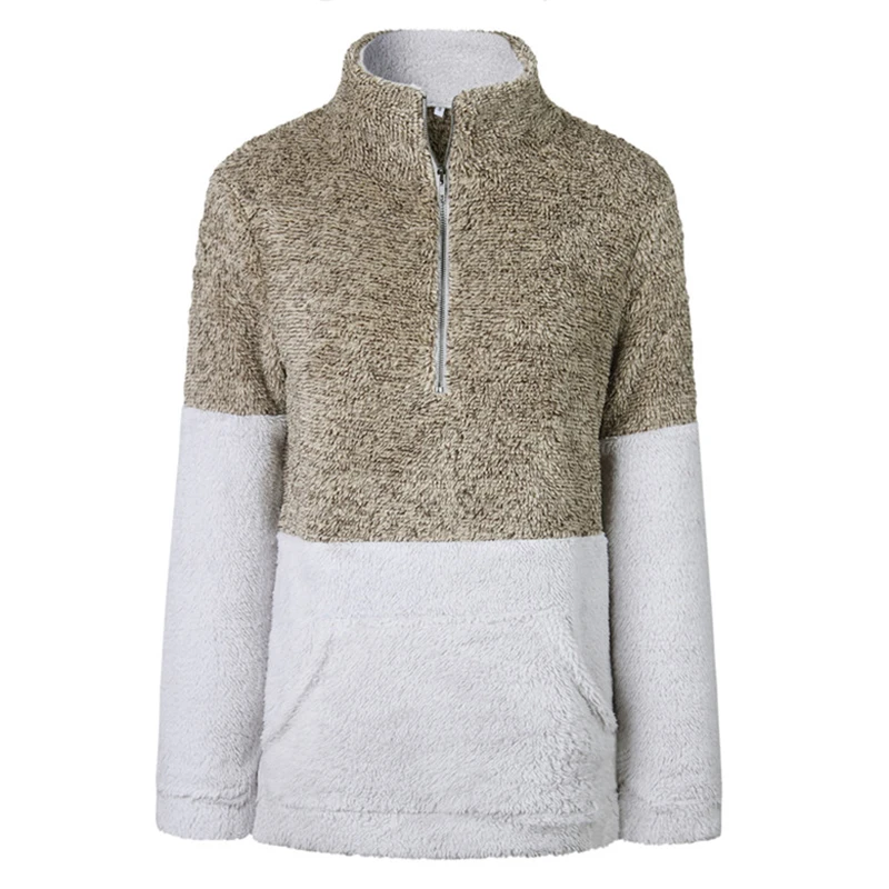 TTOU Utumn Winter Women's 1/4 Zipper Sherpa Knit Soft Fleece Pullover ColorBlock Sweater Outwear Coat Kangaroo Pockets 