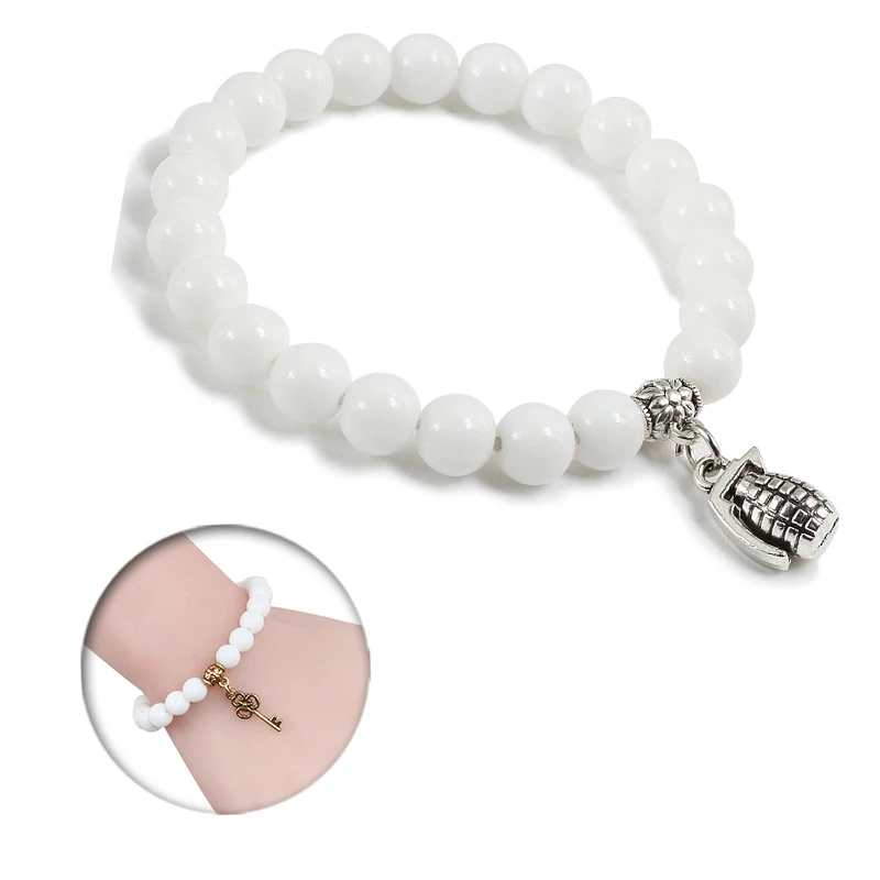 

White Porcelain Beads Bracelets Natural Stone Key/Cross/Moon Pendant Chain Elastic Strand Bangle Charm Boho Couple Jewelry Gifts