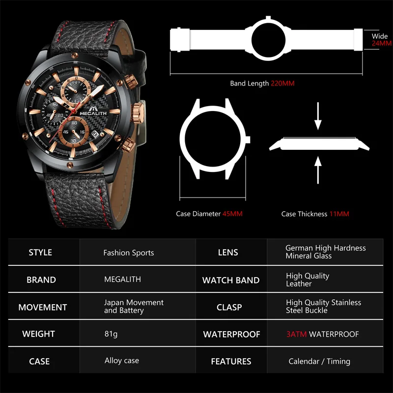 MEGALITH Fashion Luxury Sport Men Watch Waterproof Military Chronograph Watches Clock Men Casual Leather Quartz Wrist Watch Male MEGALITH Fashion Luxury Sport Men Watch Waterproof Military Chronograph Watches Clock Men Casual Leather Quartz Wrist Watch Male