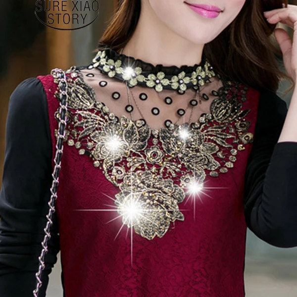 

New 2018 Fashion Turtleneck Floral Cotton Long Sleeve Chiffon Shirt Lace Blouse Income Women's Blouses Plus Size Clothing 13B 20