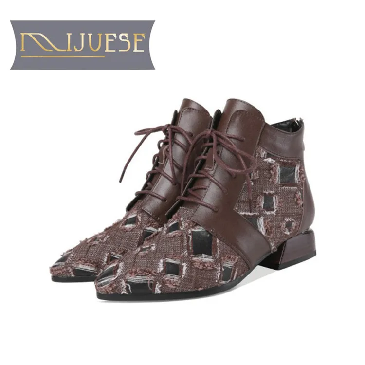 

MLJUESE 2019 women ankle boots cow leather + Denim lace up Geometric low heel boots winter short plush ankle boots size 40