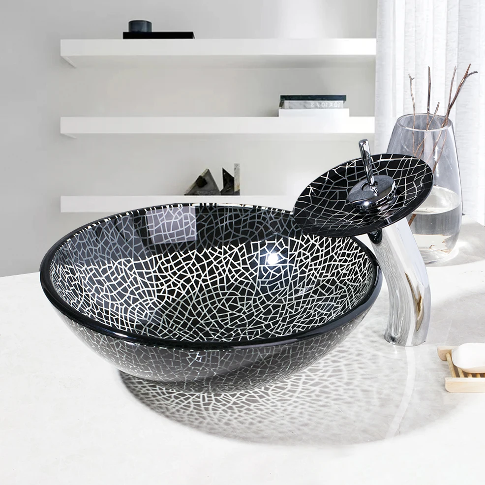 Jieni Mosaic Pattern Design Round Bathroom Handmade Article Washbasin Tempered Glass Vessel Sink Waterfall Black Orb Faucet Set Bathroom Sinks Aliexpress