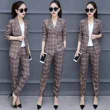 Весна и осень новая корейская мода темперамент Тонкий маленький костюм клетчатая куртка Женский девять брюки костюм