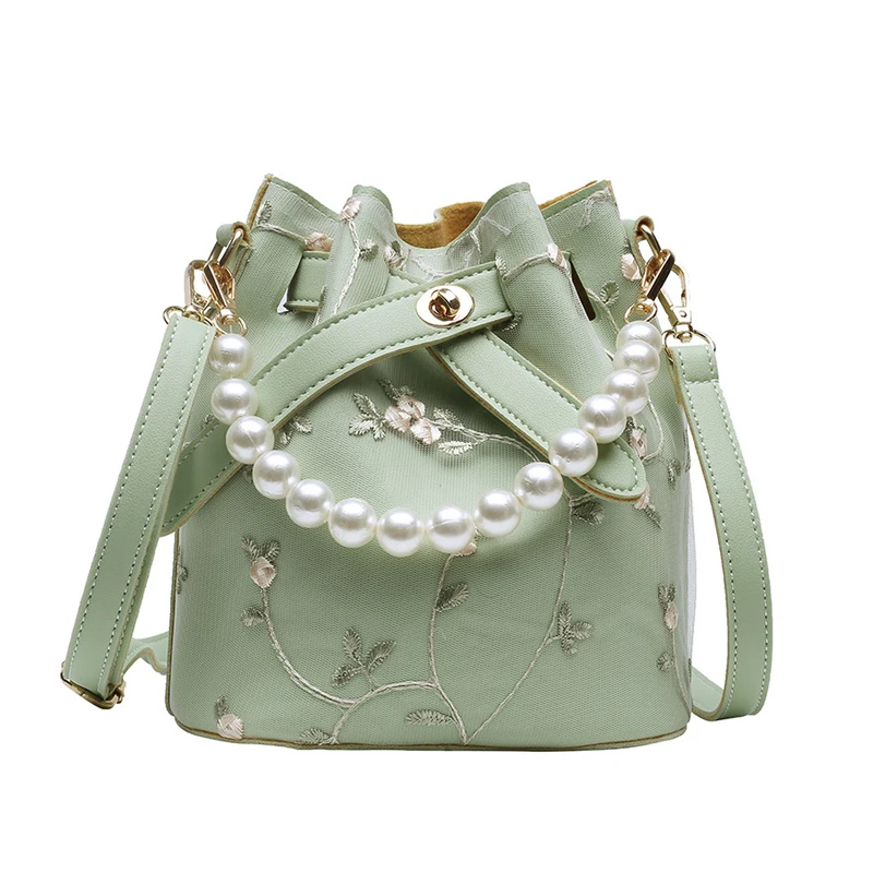

2019 Embroidery Flowers Design Bucket Bags Mini Shoulder Bags With Chain Drawstring Small Cross Body Bags Trendy Pearl Bags