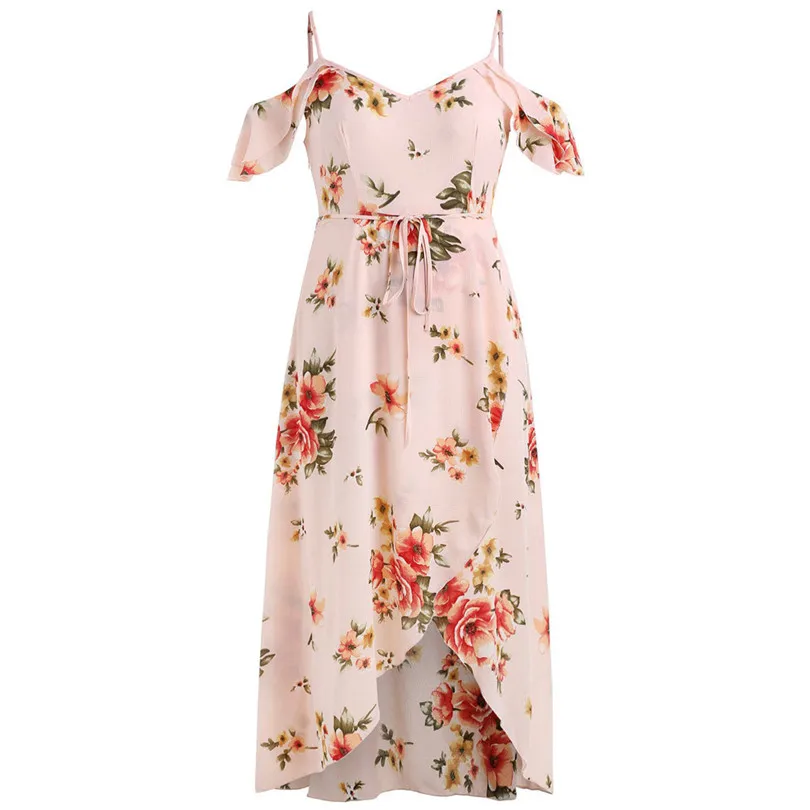   Plus Size Women Summer  Fashion  Casual Short Sleeve Cold Shoulder Boho Party Beach Flower Print Long Dress#4M11 (33)