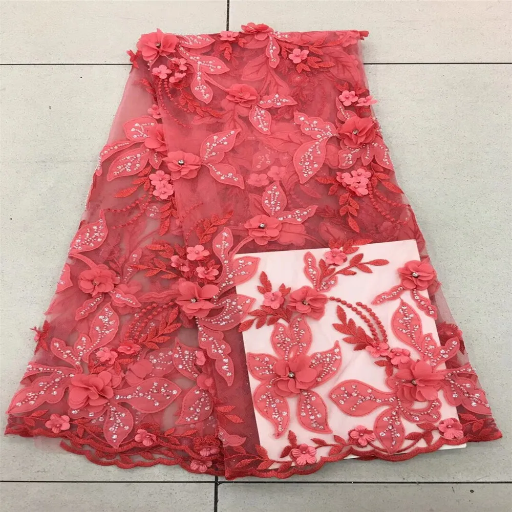 Розовая кружевная ткань для свадебного платья, 3D шифоновая кружевная ткань с цветами для ногтей, Высококачественная Европейская кружевная ткань,, F385-2