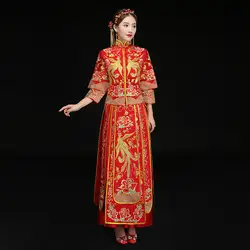 Роскошные Китайская традиционная свадебное платье невесты платье с вышивкой Феникс Cheongsam Для женщин qipao длинное вечернее платье в стиле