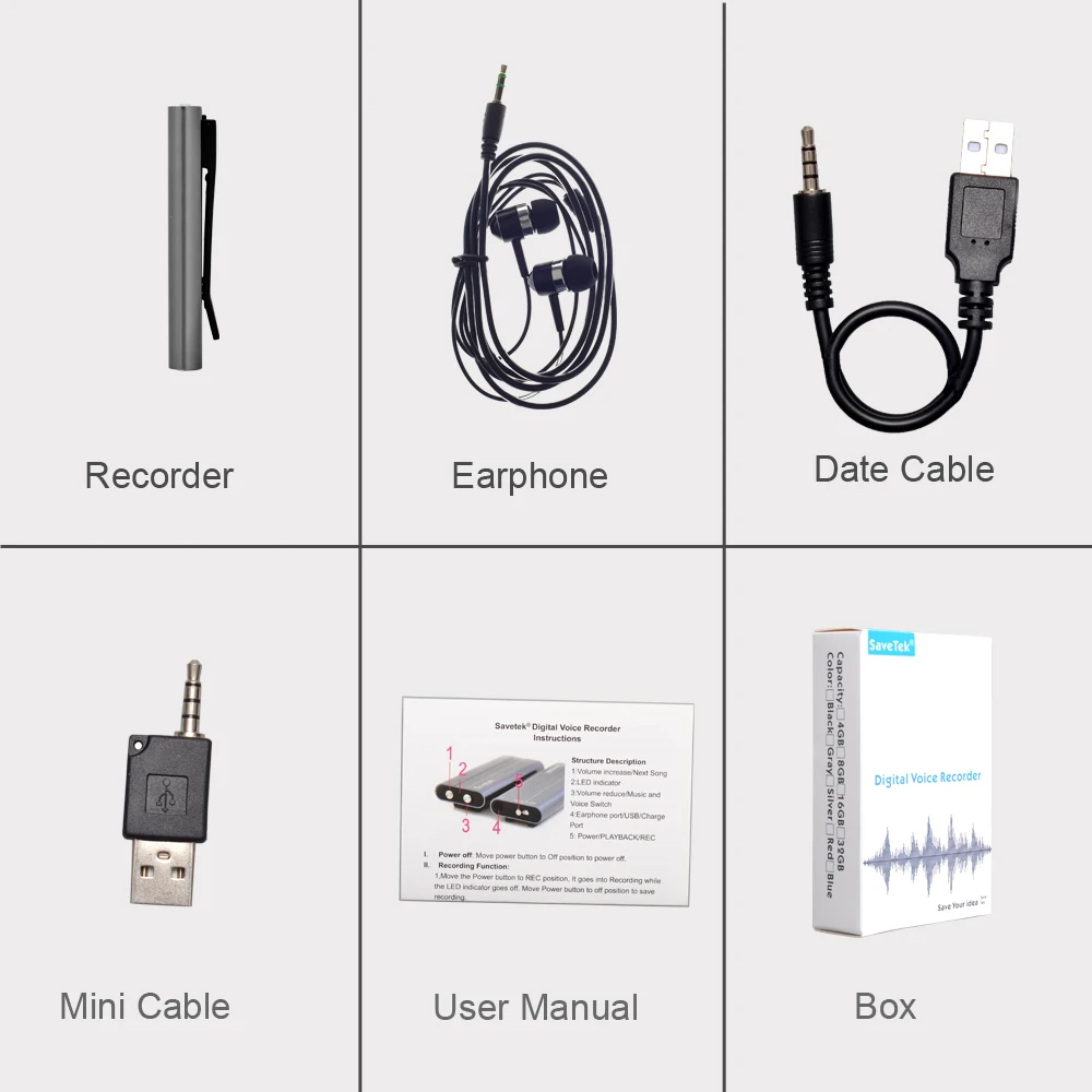 Новая Голосовая активация 8 Гб 16 Гб мини USB ручка цифровой аудио рекордер с MP3-плеером 50 часов работы от батареи 192 кбит/с черный