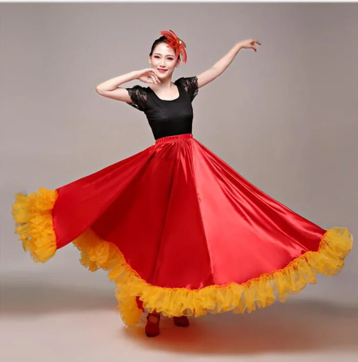 Танцевальная юбка для фламенко, золотой испанский танцевальный костюм для выступлений, женское платье для фламенко, 360-720 градусов размера плюс