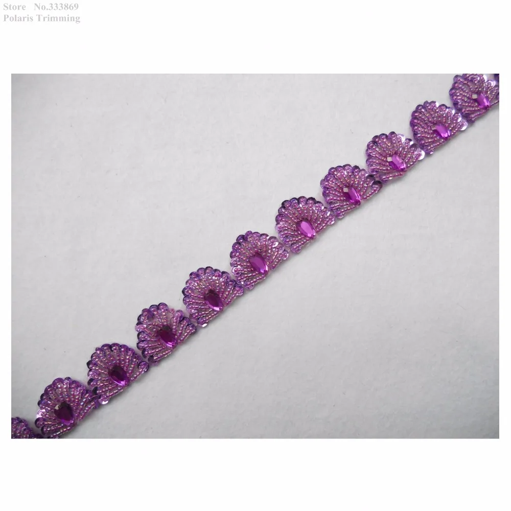 Free Shipping 1Yard x New Beautiful Handmade Purple Sequined Beaded