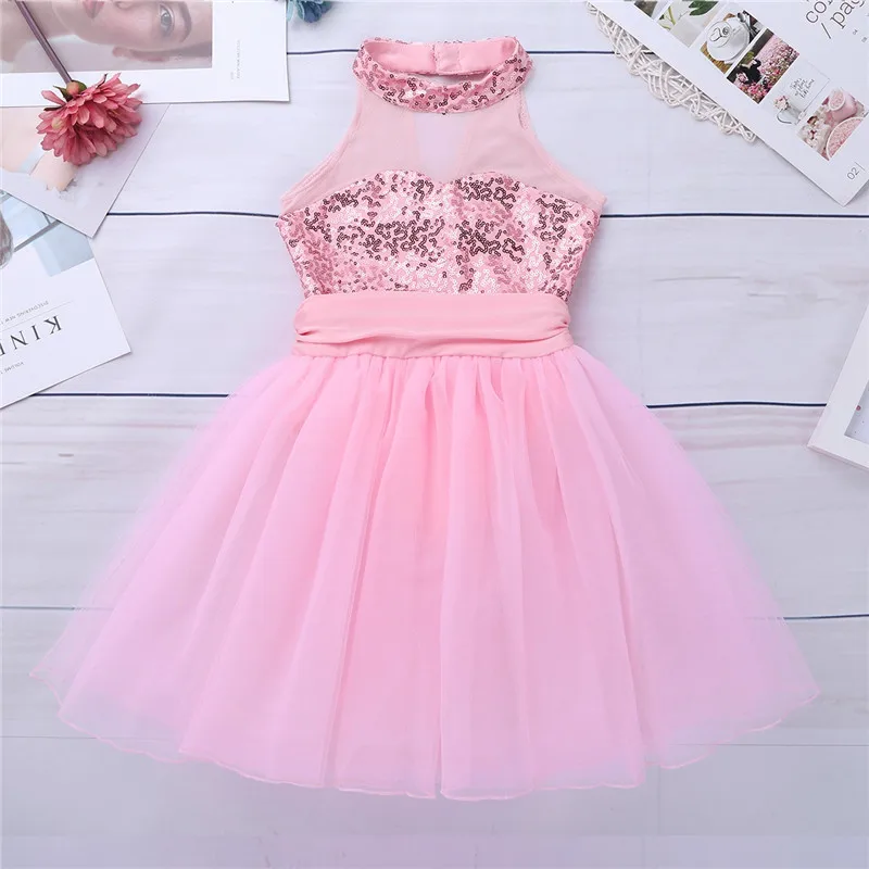 Kids Girls Mock Neck Ballet Dance Dress Gymnastic Leotard Shiny Sequins Sleeveless Mesh Splice Ballet Leotard Flower Girls Dress