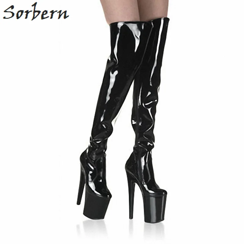 Женские сапоги выше колена на высоком каблуке 20 см из лакированной кожи|thigh boots|boots