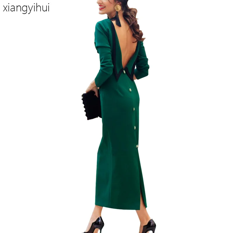 

Sexy Vintage Backless Party Dress Women Bowknot Long Sleeve Buttons Party Dress Autumn Elegant Long Dresses Vestidos Pink Green