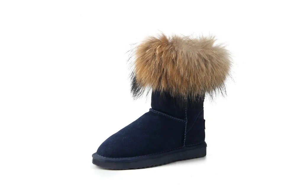 MBR FORCE Fashion Women's Natural Real fox Fur Snow Boots Genuine Cow Leather women Boots Female Warm Winter Boots Shoes