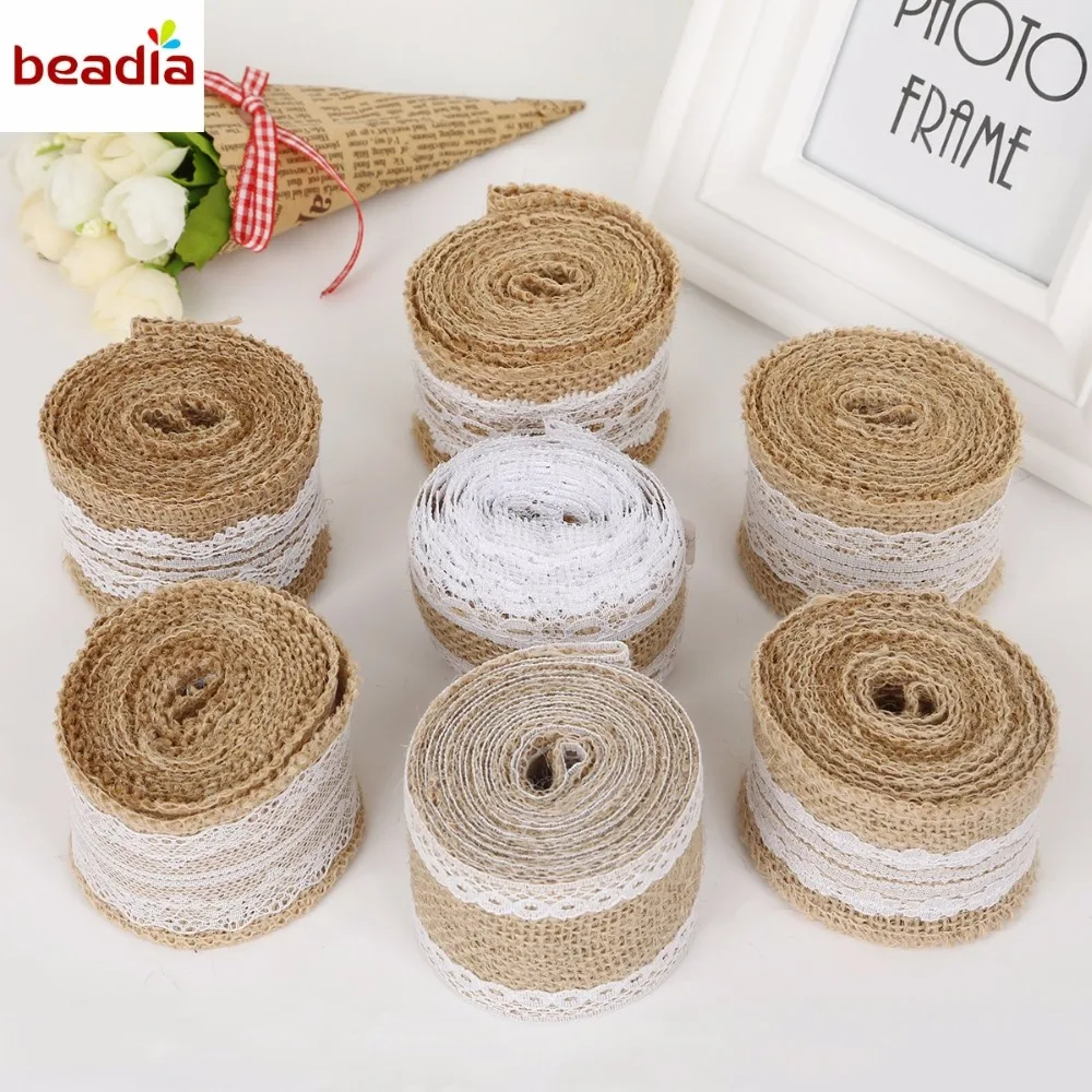 Width 5cm 2M/Roll Natural Jute Burlap Hessian Ribbon with Different White Lace For Rustic Wrap Gift Packing Wedding Decoration