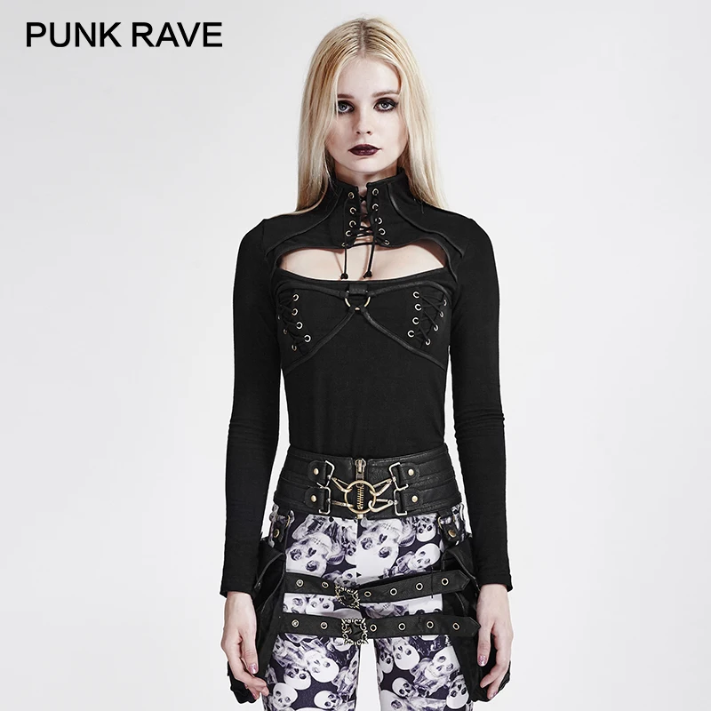 

PUNK RAVE Steampunk Women Black Hollow Out Long Sleeve T-shirt Matt PU Leather High Collar Adjustable Lace-up Sexy Tops Gothic