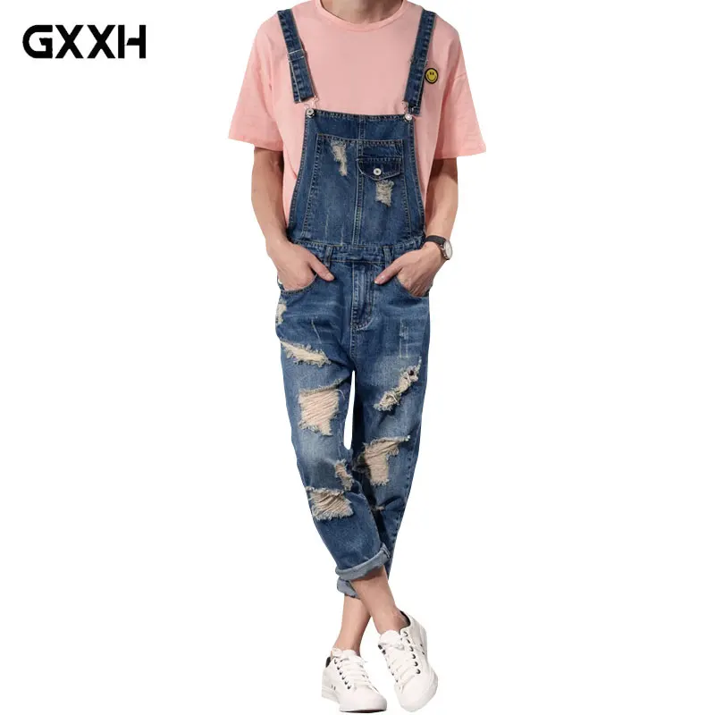 ripped denim overalls