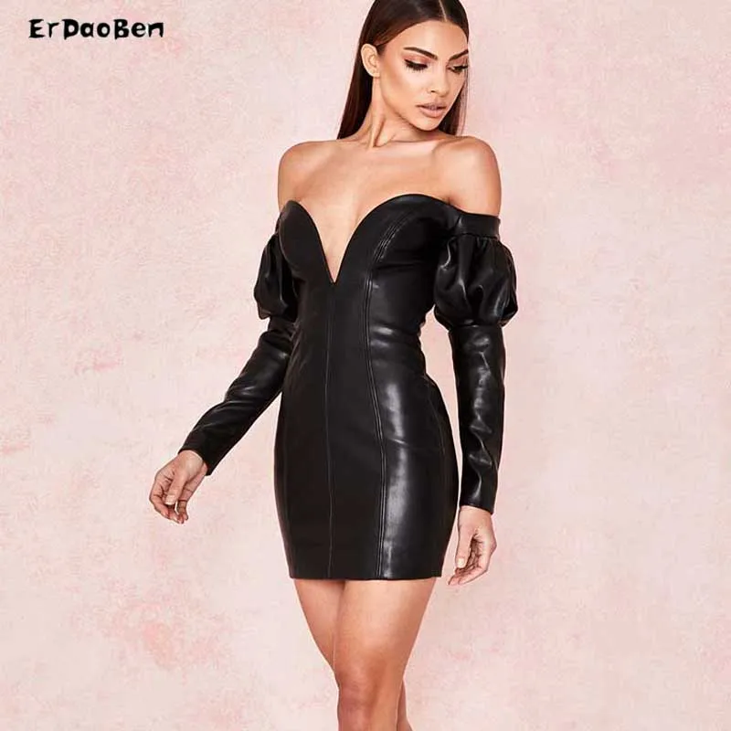 

ERDAOBEN women sexy Red black bodycon Celebrity Party Dresses of shoulder pu leather dress SP5001