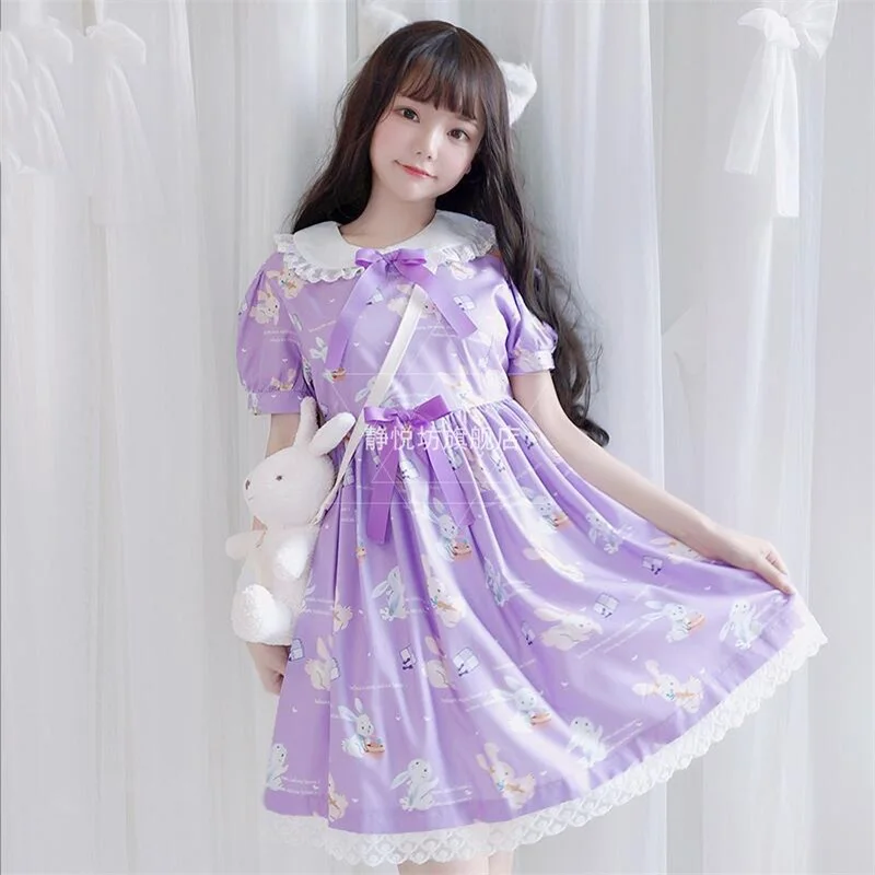 Мягкое японское платье в стиле Лолиты Kawaii с кроликом и кукольным воротником
