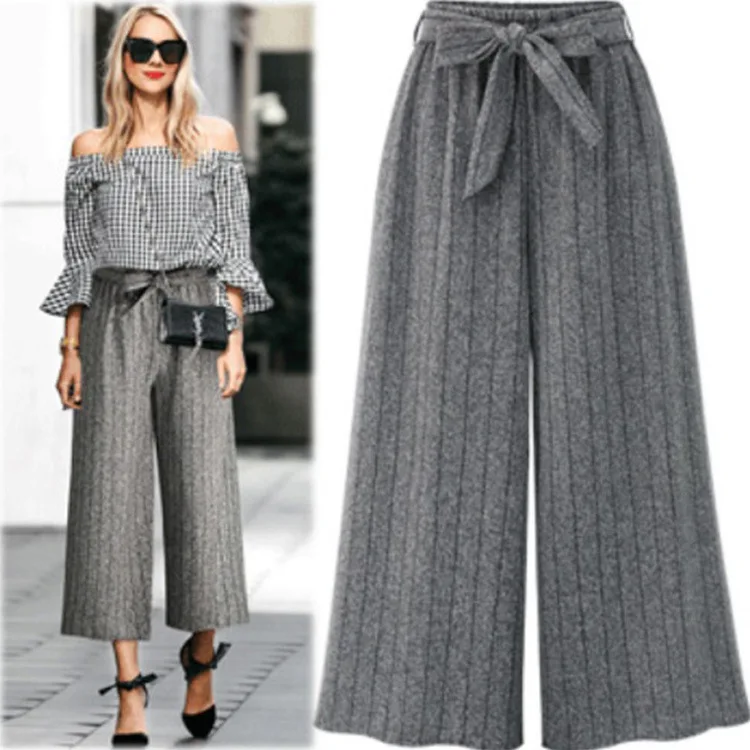 

Large size women's autumn and winter new vertical stripes elastic waist tie wild casual pants wide leg trousers