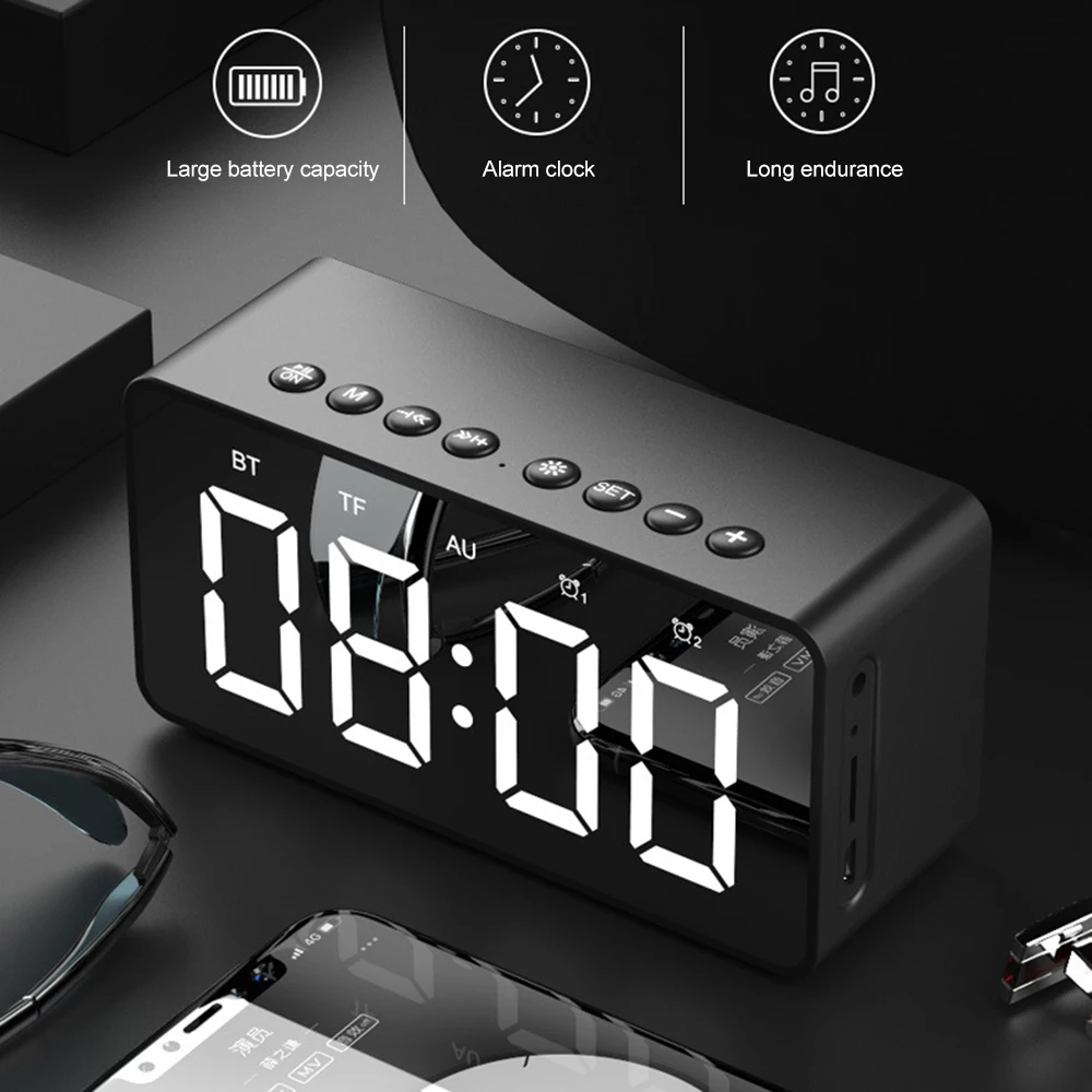 

New Fashion with LED Clock Mirror Alarm Clock + Bluetooth Speaker Function Clocks Mini Mirror Gift Card Subwoofer Small Speaker
