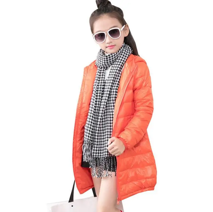

Thin Hooded Zipper Slim Down Jacket For Girls Long Style Simple Solid Color Boys Down Coat Warm Winter Children's Clothing