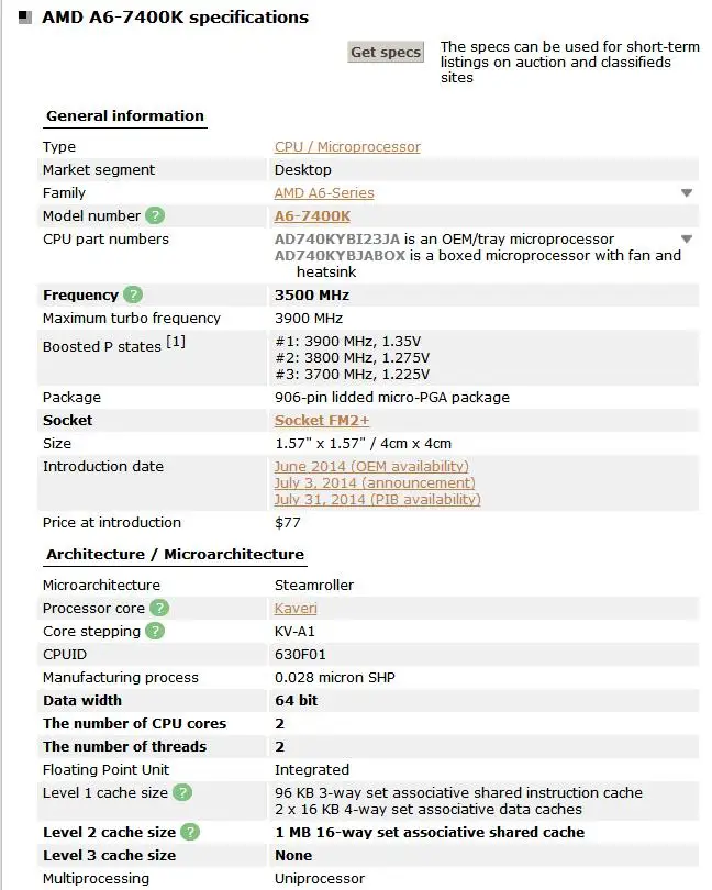 AMD A6-Series A6 7400 K A6 7400 K 3,5G 65W Socket FM2