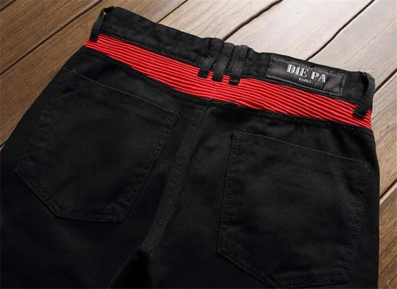 Fashion high quality patchwork black red patch jeans for men with zipper slim straight stretch bikers moto denim stylish pants