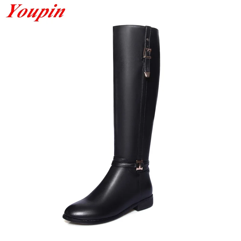 

First Layer Leather Boots 2015 Latest Leather Buckle High Boots Winter Womens Shoe Plus Size Fashion First Layer Leather Boots