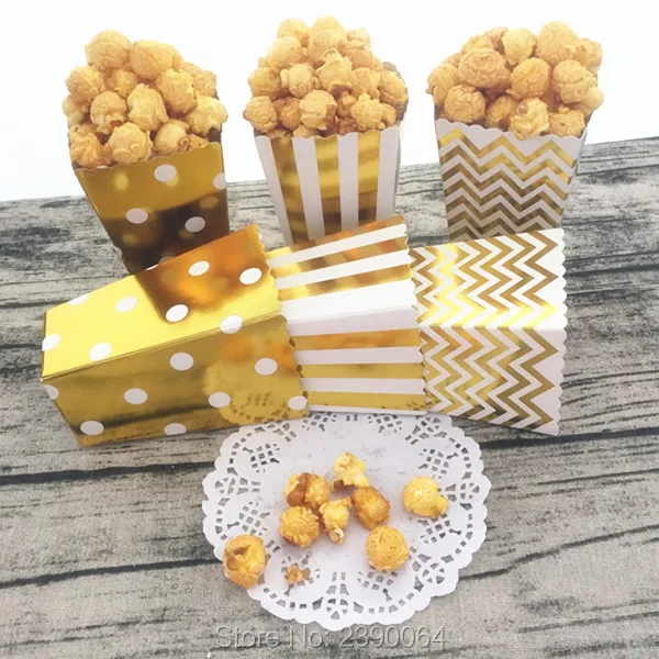 

Free Shipping 48pcs Metallic Gold Foil Striped Polka Dot Chevron Paper Popcorn Boxes Wedding Party Favor Candy Snack Treat Boxes