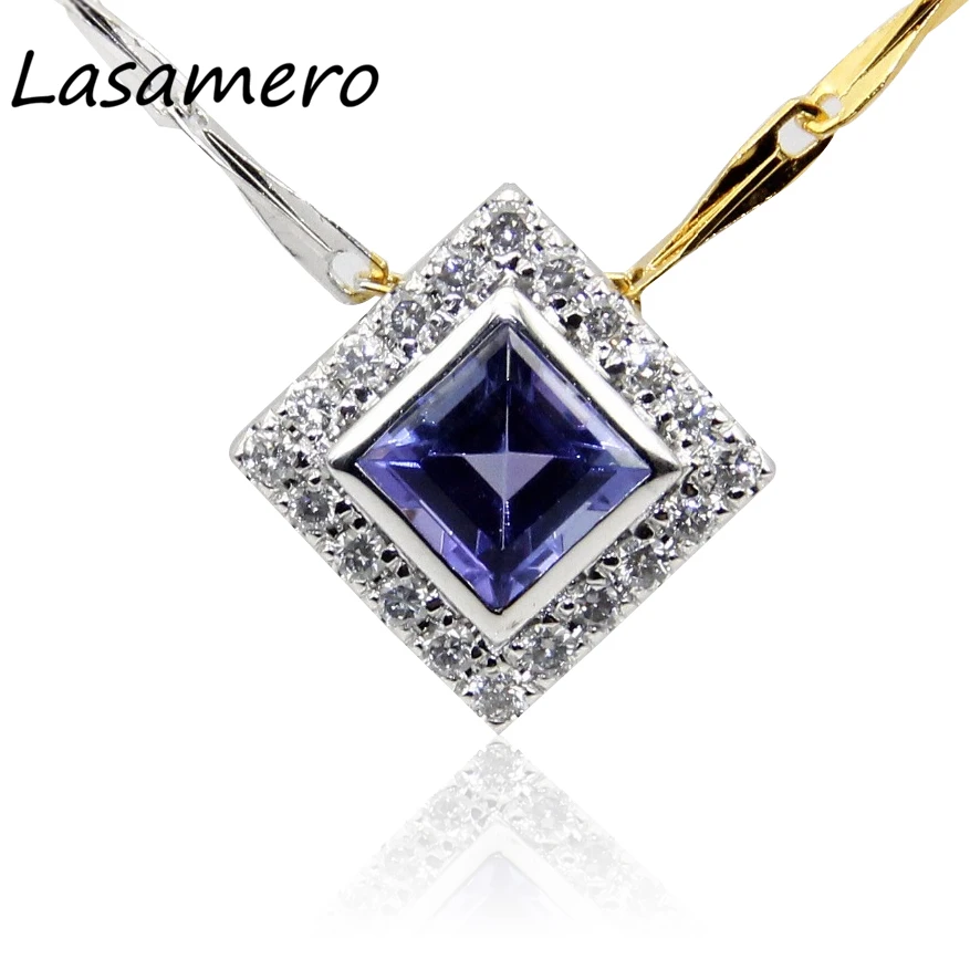 

LASAMERO 0.84CT Round Cut Pave Set 18k Gold Squre Tanzanite Pendant Necklace