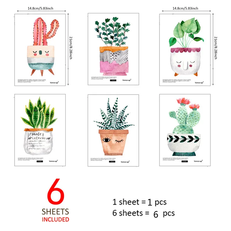 

6PCS Funny Succulent Wall Sticker Green Plant Mural Baseboard Wall Decoration For Bedroom Toilet Cabinet Room Decal Home Decor