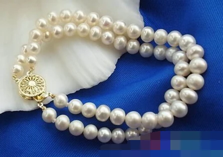 

Hot sell ->@@ > 01096 2ROW WHITE ROUND FRESHWATER CULTURED PEARL BRACELET -Top quality free shipping