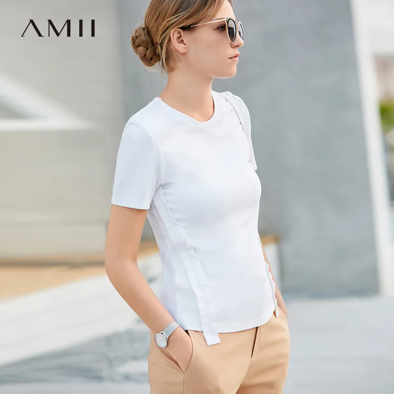 

Amii Women Minimalist Vogue T-Shirts 2019 Solid Splice O Neck Short Sleeve Female Tee Tops