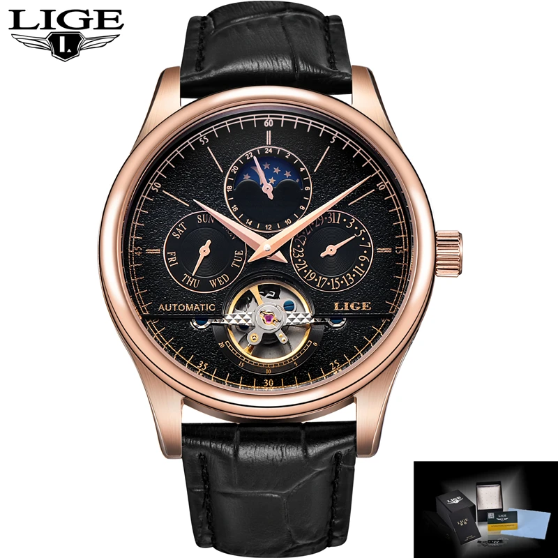 LIGE Brand Men's Watches Six-pin Moon phases Automatic Watch Men Dive 50M Fashion Casual Leather Wristwatches relogio masculino