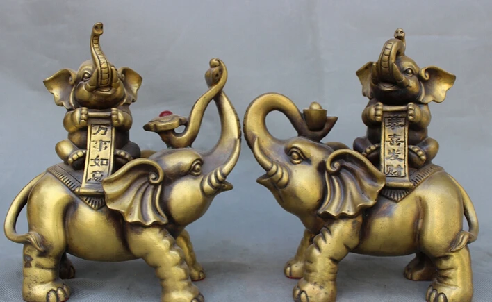 

song voge gem S4391 9" Chinese Bronze JiXiang RuYi YuanBao Strong Fu Elephant Statue Animals Pair