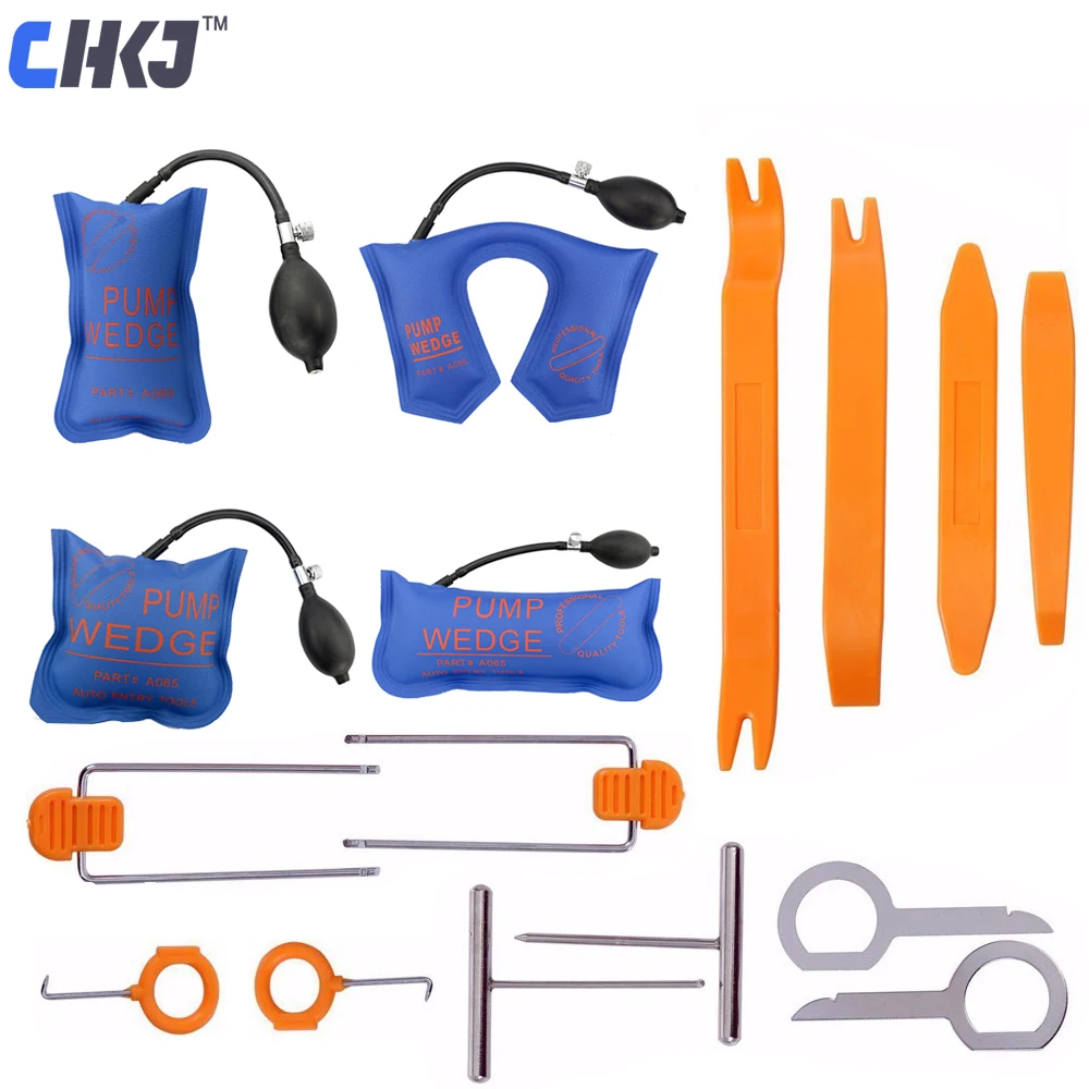 CHKJ 4pcs Pump Wedge Locksmith Tools Car Door Lock Opening Reparing Tools 12pcs Car Radio Panel Pry Tool Trim Removal Tools Kit