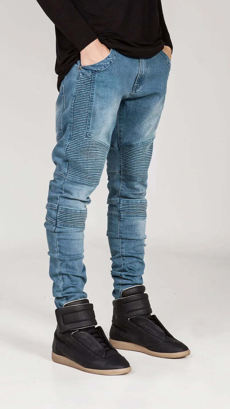2017 New Biker Jeans Man Locomotive Retro Slim Pants Fake Zipper