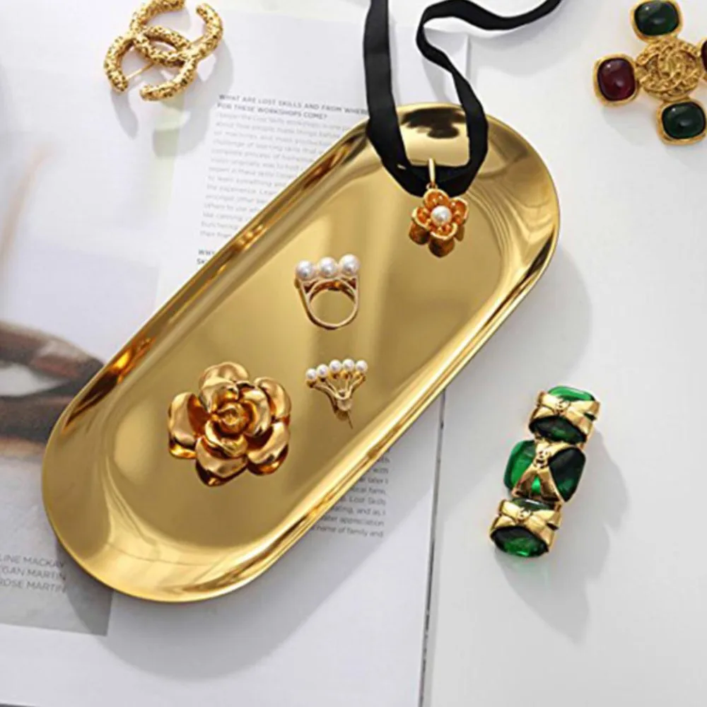 

affordable Stainless Steel Storage Tray Desk Stationery Organizer Cosmetics Jewelry Tray , Golden, Oval Shape
